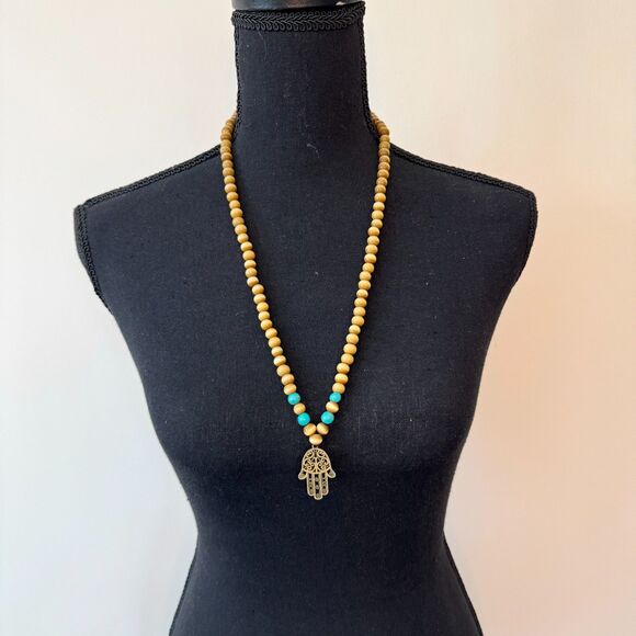 Gold Tone Hamsa Necklace with Turquoise and Brown Beads - Picture 2 of 3